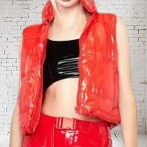 NWT Cherry Mellow Bright Red Crop Puffer Vest Zip Snap Pockets